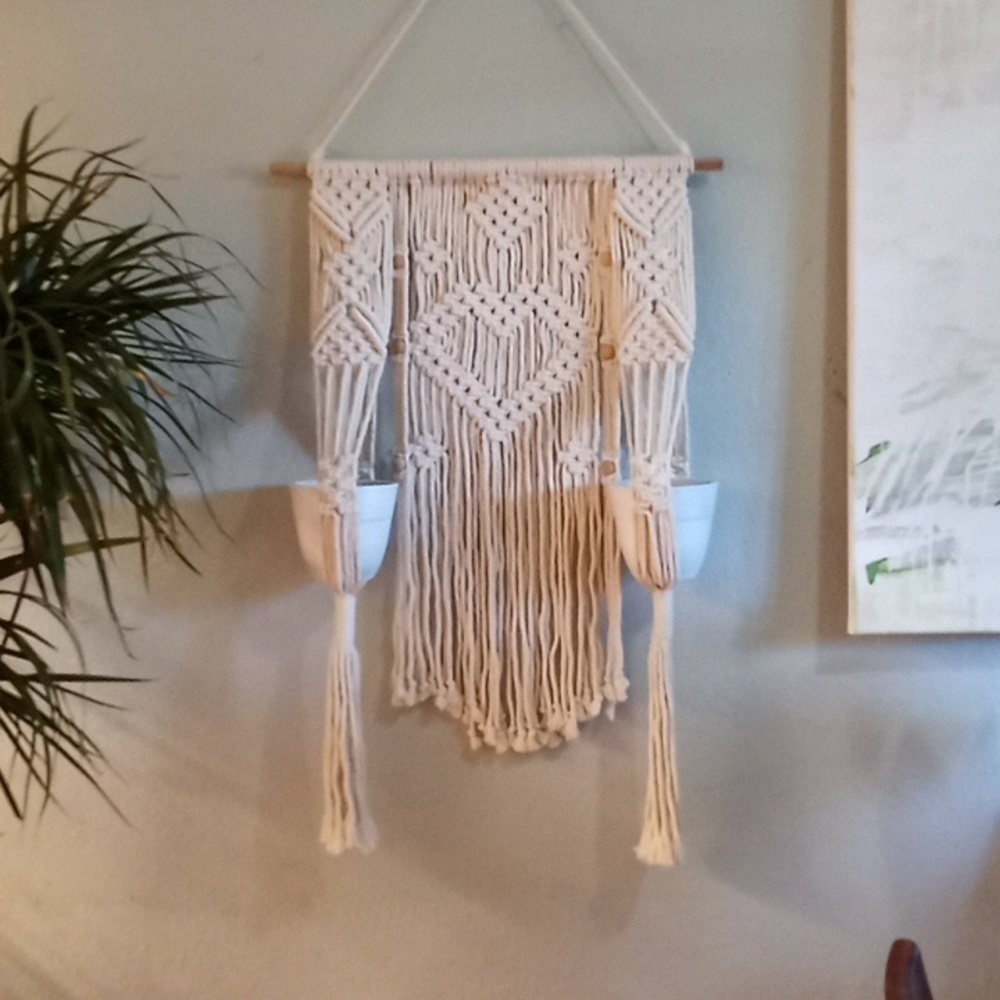 Bohemian Handmade Heart Macrame Crochet Wall Hanging with Small Plant Holders
